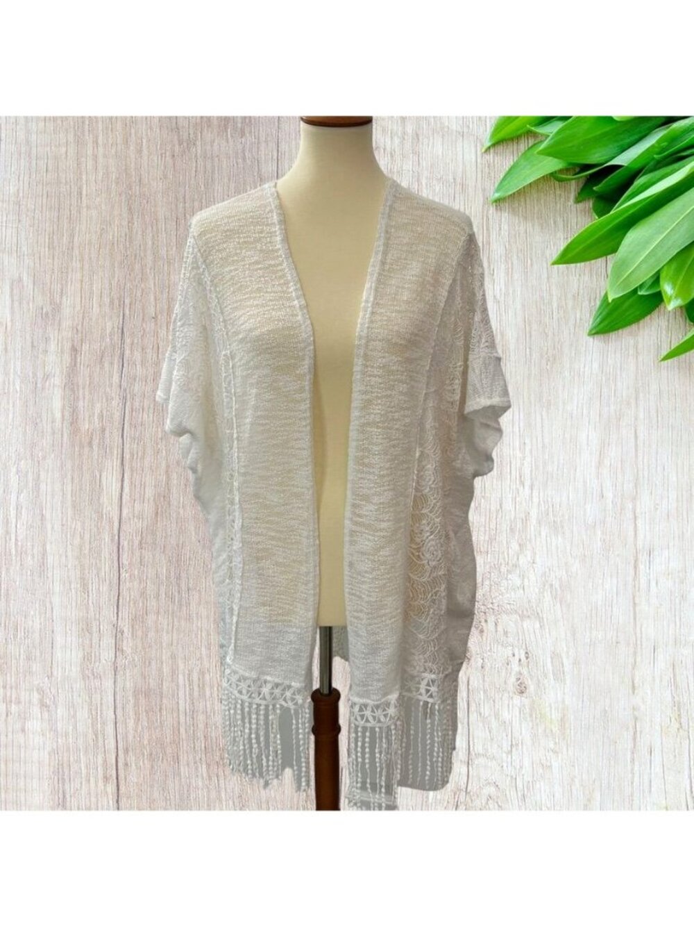 Panitti White Open Knit Fishnet Cardigan Sweater Size L Lace Fringe Cover Up